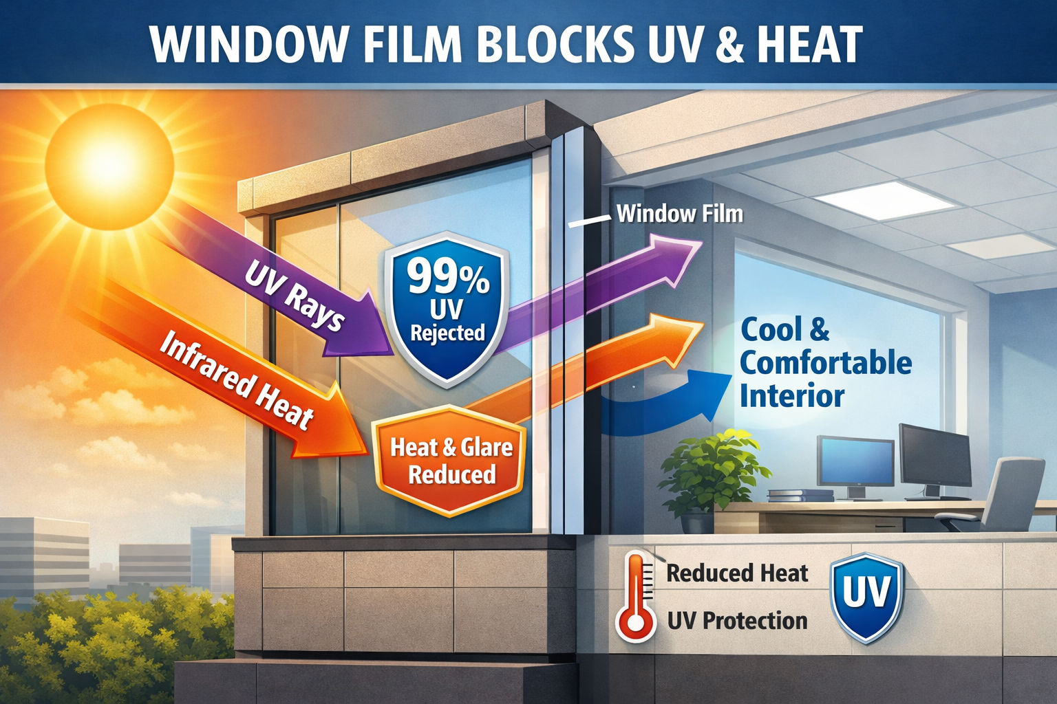 Window film blocking UV and heat while maintaining clear visibility